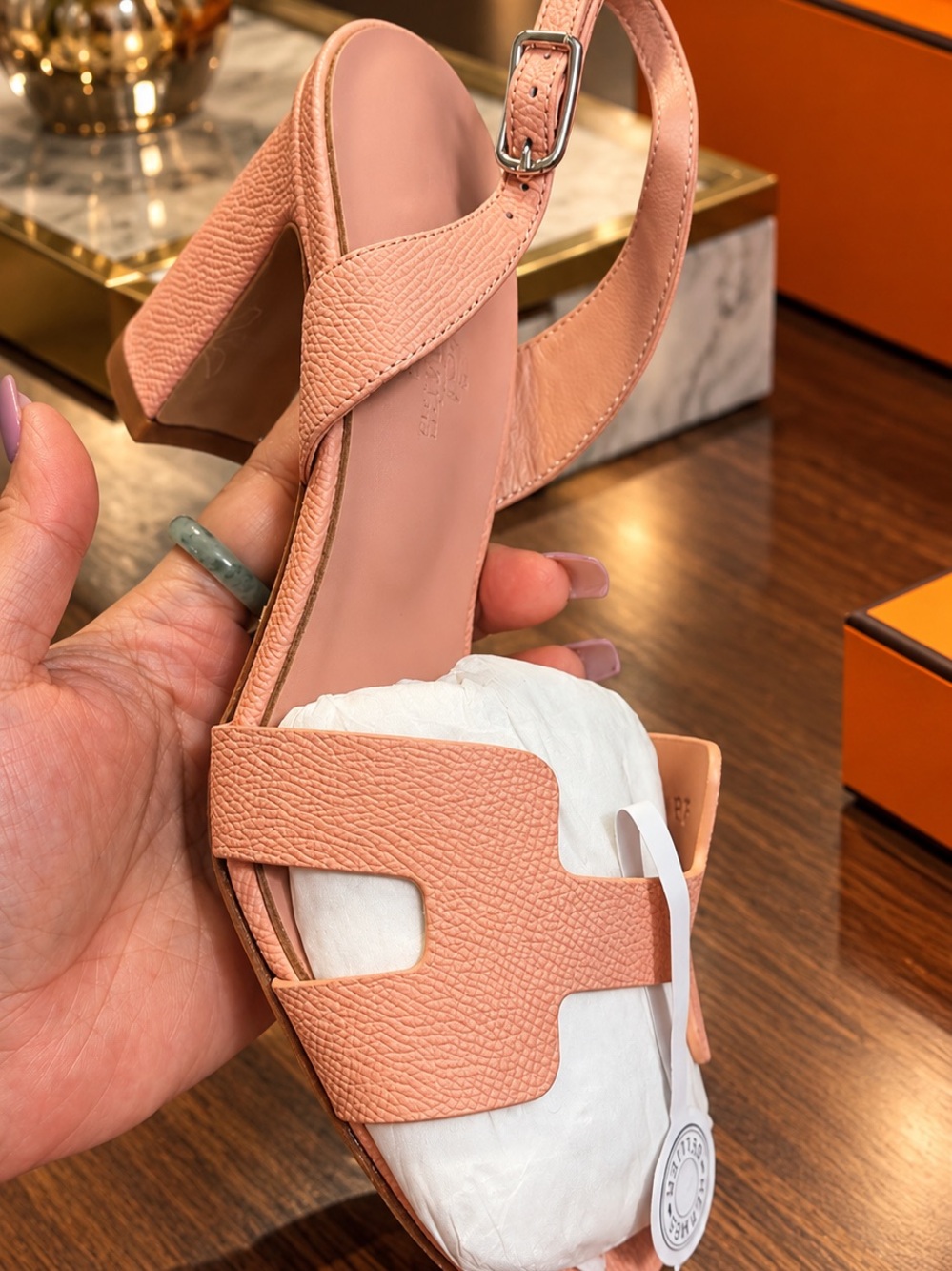 Hermes Peach Leather Block Heel Slingback Sandals